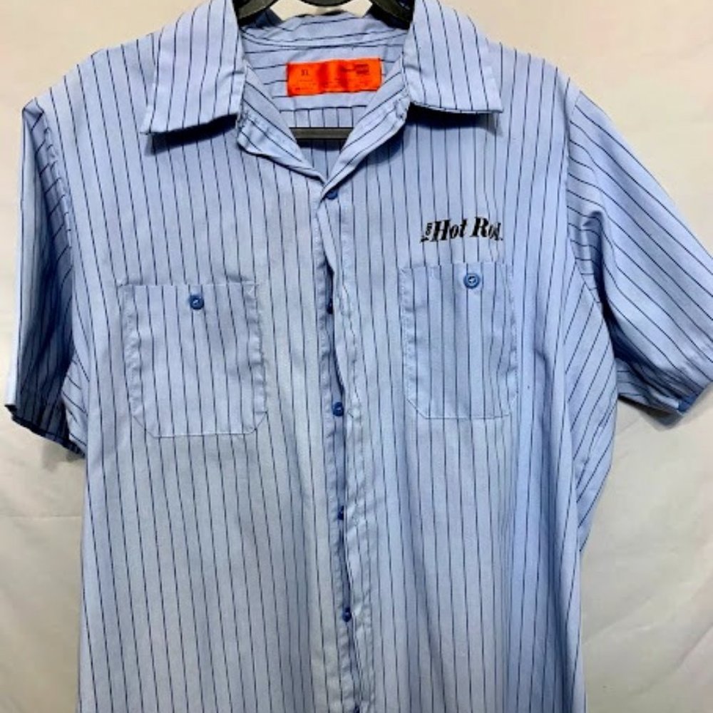 Von Hot Rod Autographed Pinstripe Light Blue Button Up Shop Shirt